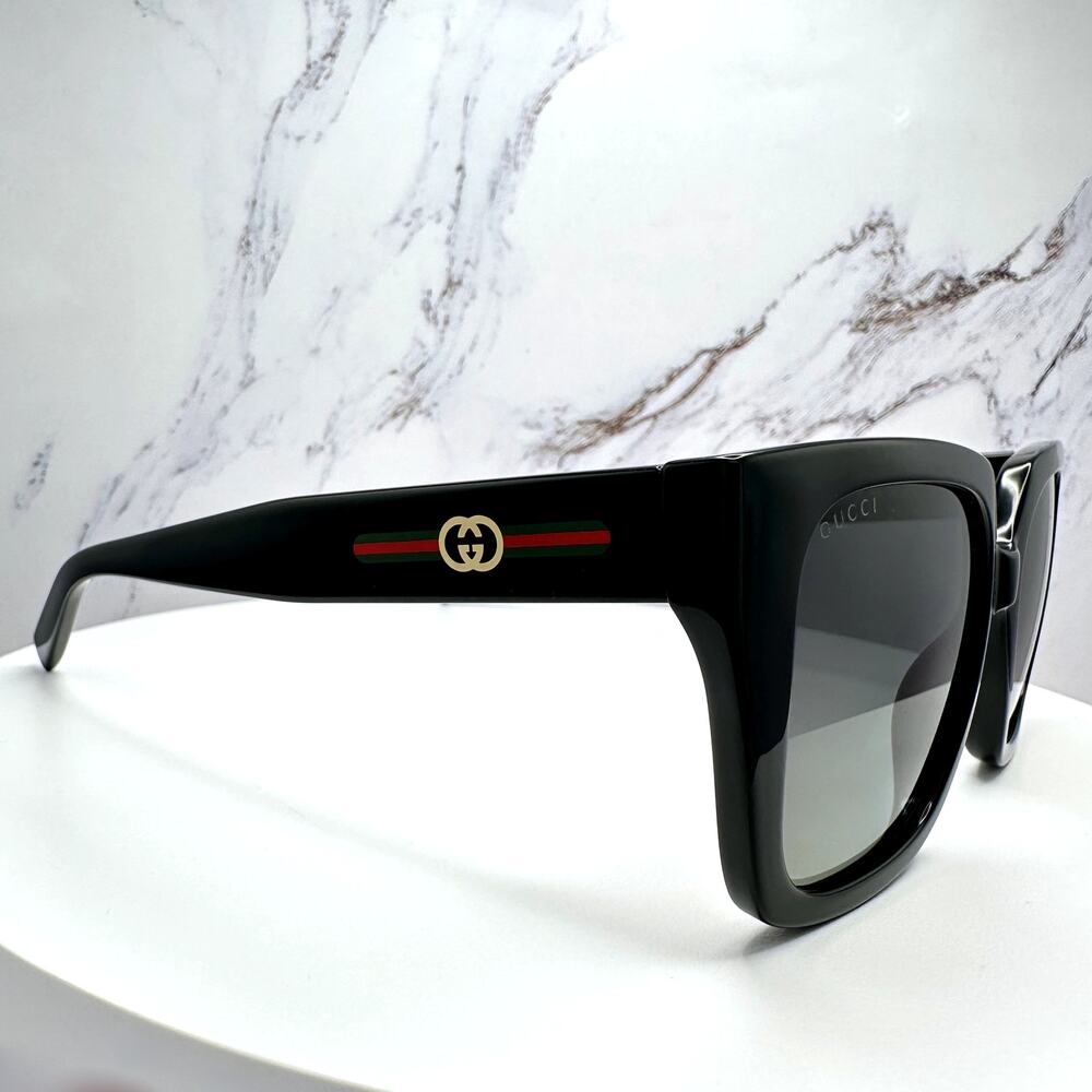 New GUCCI Sunglasses Black 54mm Square Gold Interlocking GG Red Green Web - Picture 5 of 16
